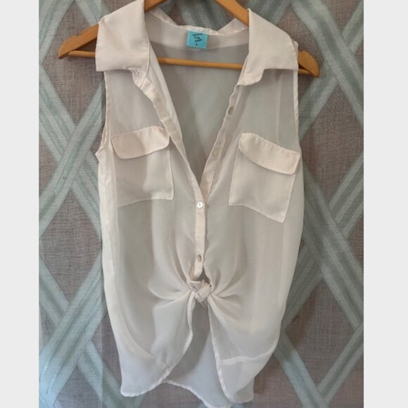 White Sheer Button Down Sleeveless Top with Abalone Buttons - Picture 2 of 5